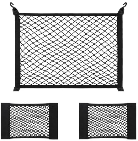 Filet de Rangement Coffre de Voiture 2 Pack Magic Sticker Filet de Stockage et 1 Pack Nylon Filet Coffre avec 4 Crochets Solides pour Plupart Voiture Rangement (50x25cm, 60x40cm)