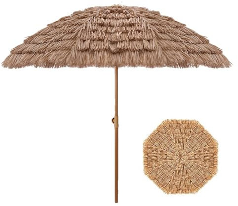 YCBTPS 2m 2.4m Ombrellone Paglia Inclinabile, Parasole Hawaiano in Paglia Simulata, 8 Stecche, Ombrellone da Spiaggia Palo Reclinabile(1.6m/5.2ft)