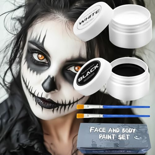 Maquillaje Halloween Blanco Negro, Pinturas cara para Niños Adulto Halloween, Pinturas Corporales 50g Blanco y 50g Negro con 2 Pinceles, Pinturas cara Carnaval Corporales para Teatral Fiesta Cosplay