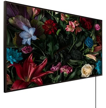 Könighaus Bildheizung 1200 Watt - Thermostat - 18-29 m² | Motiv: Stillleben Blume, schwarzer Rahmen, TÜV SÜD, 5 Jahre Garantie, HD-Qualität, Überhitzungsschutz