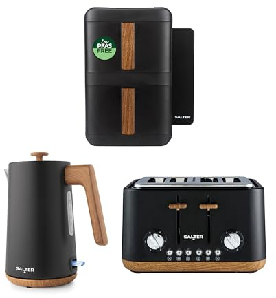 Salter Toronto Kettle, Toaster & Air Fryer – 1.7L Rapid Boil 3kW Kettle, 4-Slice Toaster with 6 Browning Levels, VertiCook Ultra Stackable 9 Litre Air Fryer, Cook on 4 Levels, 2 x 4.5L Baskets, Black | 3 kW Rapid Boil Kettle, 6 Browning Levels, 2 x 4.5 L Baskets, Stackable Design, Dishwasher Safe Baskets, Wide Slots