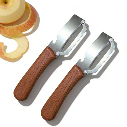 Multifunctional Vegetable Peeler for Kitchen, Stainless Steel Peeler with Wooden Handle & Bottle Opener, Fruit and Vegetable Peeler for Potato, Carrot, Apple, Ergonomic Design for Easy Peeling (2pc)
