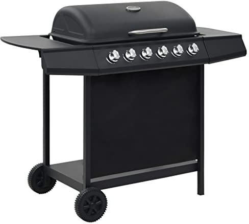 6 Burner Gas BBQ Grill with 6 Cooking Zones, Heavy-Duty Steel Black, Built-In Thermometer, Side Panels, Removable Grease Tray, Cabinet Storage, 2 Castors