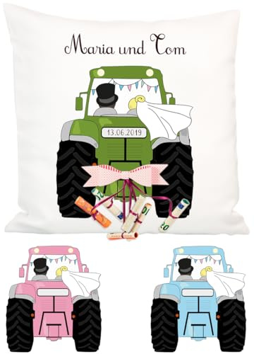 Geschenke 24 Personalisierbares Kissen als Geldgeschenk Hochzeit |Originelle Hochzeitsgeschenke für das Brautpaar | 40x40cm Hochzeitskissen mit Füllung | Motiv mit Hochzeitstrecker