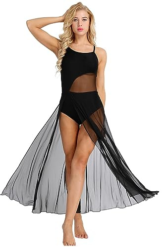 MSemis Damen Ballettkleid Latein Tanzkleid mit Asymmetrisch Rock Tanz Body Ballett Trikot Modern Lyrisch Tanz-Kostüm Leotards Tüllkleid