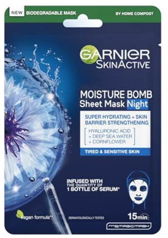 Garnier Moisture Bomb Night-Time Deep Sea Water and Hyaluronic Acid Sheet Face Mask, Hydrating & Replenishing Sleep Mask, Cruelty Free & Vegan Tissue Mask, 28g