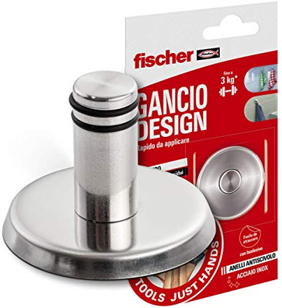 Fischer Gancio Design NTJH Resistente fino a 3 Kg, Gancio Adesivo in Acciaio Inox con Anelli Antiscivolo Ideale per Asciugamani, Strofinacci, Abiti, per Cucina e Bagno, 552164