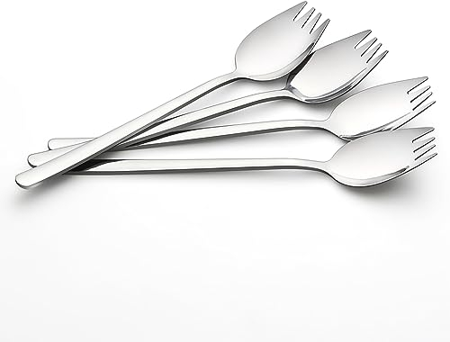 IQCWOOD Sporks, 4-Pack 18/10 Stainless Steel Fork, Metal Spork for Everyday Household Use, 7.4-Inch Long Handle Dessert Ice Cream Salad Forks, Flatware Set Spork for Fruit Appetizer Dessert