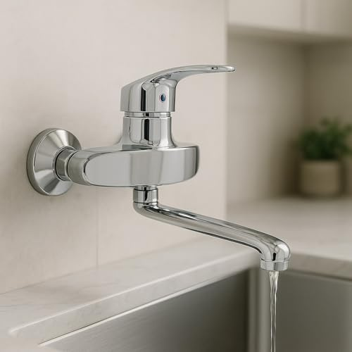 Rubinetto Miscelatore Rubinetteria Cucina Bagno a Muro per Lavello Lavandino Lavabo Vasca con Canna Girevole 360° Montaggio Regolabile Universale Standard Cromato Acciaio Inox