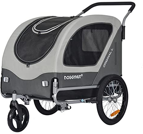 Doggyhut Original Large Pet Bike Trailer & Stroller 2-in-1,for Dogs up to 78 lbs,Parking Brakes,Easy Folding Cart Frame, Quick Release Wheel, Universal Bicycle Coupler (Gray)