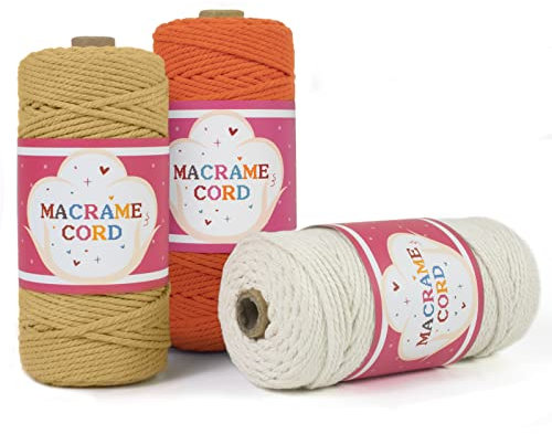 LEREATI 3 Stück Makramee Garn 3mm Set, Natur Baumwollkordel Makramee-Garn Farbig Baumwollseil 4 Stränge Baumwollgarn für DIY, Hängepflanze, Vorhang, Schlüsselanhänger, Häkel, Wand Aufhängung (F)