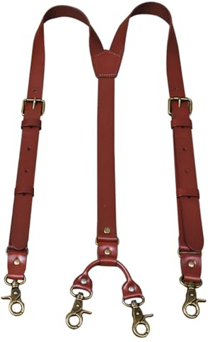 MUNION Leather Mens Suspenders Heavy Duty Y Design Adjustable with 4 Metal Snap Hooks Vintage Mens Suspenders Braces Big and Tall Groomsmen Gift for Wedding, Red