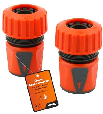 Mivos 2 x Schnellverbinder für 3/4 Zoll (20 mm) Wasser-Schlauch - Schlauchkupplung für 3/4 Gartenschläuche zum Einfachen Anschluss an Wasserhahn und Bewässerungsgeräte