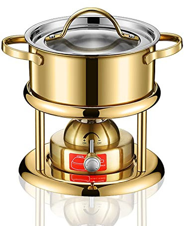 Fondue Set für 1 Personen in modern-rustikalem Design, Enthält Fonduebrenner, Tragbare Campingkocher mit Topf 304 Edelstahl -1.2L,Gold
