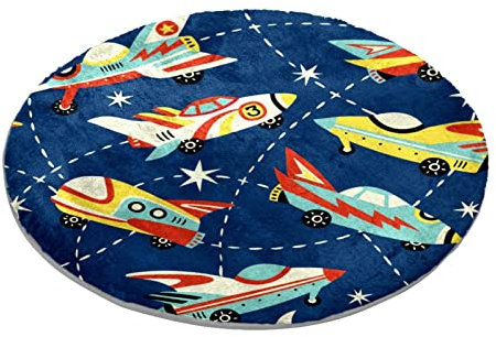 Tapis rond de style dessin animé espace automobile fond bleu marine chambre tapis shaggy doux tapis de chaise lavable paillasson