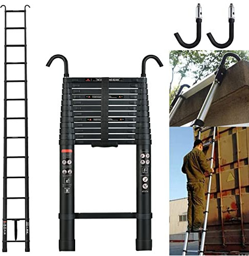Scaletta telescopica 3,8 m multiuso pieghevole con ganci, scaletta estensibile portatile pieghevole scaletta telescopica antiscivolo, scala di estensione, portata massima 150 kg, nera (3,8 m x 12,5 m)