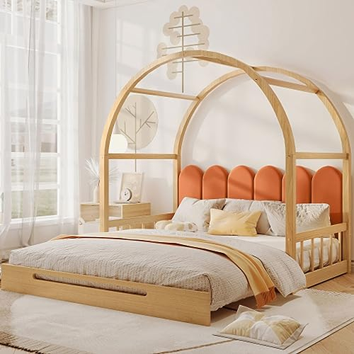 Tcewhhy Cuna Estructura De Pino Cama Deslizante con Protección contra Caídas Cama Casita 140x100cm&140x200cm Cama De Techo Domo Expandible Cama De Día Cama De Piso Natural Y Naranja