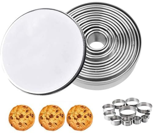 FINEVERNEK 12Pcs Cortadores de Galletas Redondo, Juego de Cortadores de Repostería de Acero Inoxidable,Antiadherente, Utensilios de Pastelería de Bricolaje para Pasteles, Galletas y Donas