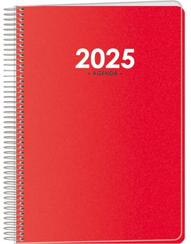 Dohe - Kalender 2025, Tag pro Seite, A5 (15 x 21 cm), 12 Monate Januar bis Dezember, weicher Deckel mit Kunststoffschutz, spanischer Planer, Büromaterial - Metropoli, Rot