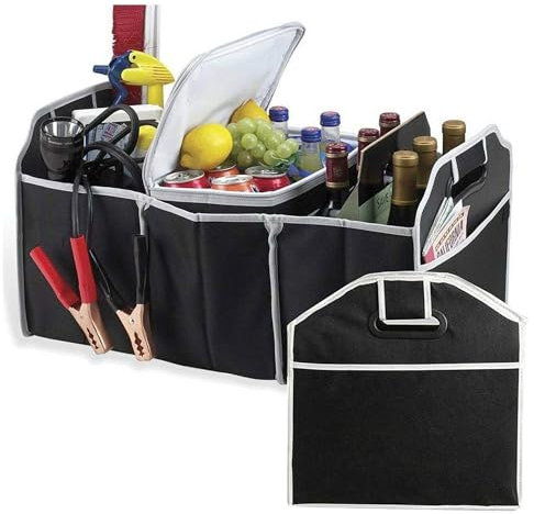 ALL IN HERE 2-In-1 Car Boot Organiser - Non-Slip Tidy Boot Bag - Multi-Compartment Collapsible Folding Vehicle Storage Box Case With Base Pockets And Carry Handles For Shopping Essentials Tools