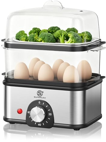 Egg Boiler Stainless Steel, Electric Egg Steamer Egg Cooker, Timer Setting for Hardness Adjustment, 60-Min Timer, Automatic Shut-Off Overheating (2-Tier Egg Boiler)