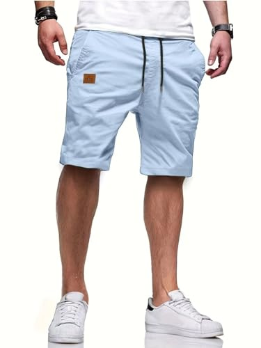 Tansozer Korta Byxor Herr Sommar Chino Bomull Shorts för Män Lätta Bermudashorts Casual Modeshorts Elastisk Midja Dragsko Fritid Korta Byxor för Herr med Fickor Himmelsblå S