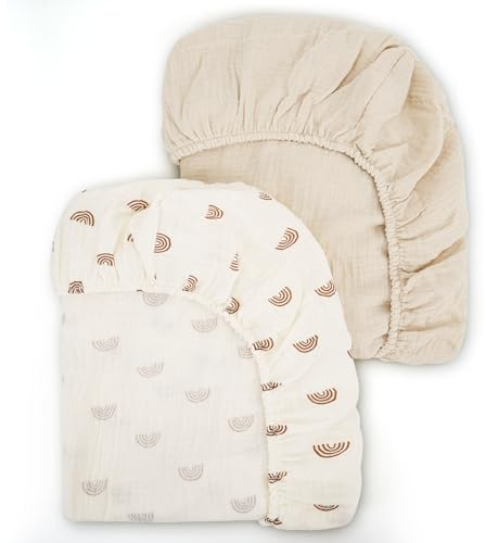 Peepeemax Musselin-Baumwolle Spannbettlaken 80x40cm, Kinderwagen Spannbettlaken Stubenwagen Matratzenbezug für Moseskorb, Babybett und Beistellbett für Jungen und Mädchen, 2er Pack, Regenbogen