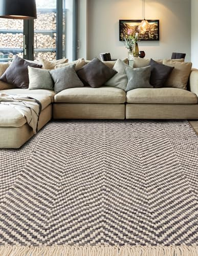 Lord of Rugs Jute Wool Rug for Living Room Bedroom Herringbone Bohemian Flatweave Short Pile Floor Carpet Natural Hand Woven Vigo Fringed Area Rug Grey Large 160x230 cm (5'3x7'7)