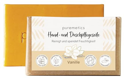 puremetics Hand- und Duschpflegeseife 'Vanille' | Bioseife für Körper und Hände | Handseife und Körperseife mit Bioölen