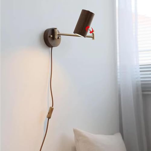 LOGT Wandleuchte mit Stecker und Kabel Wandlampe Schwenkarm Innen mit Schalter Wandstrahler Retro Industrial Leselampe E27 Holz und Metall Nachttischleuchte für Schlafzimmer Arbeit Hotel,A,2