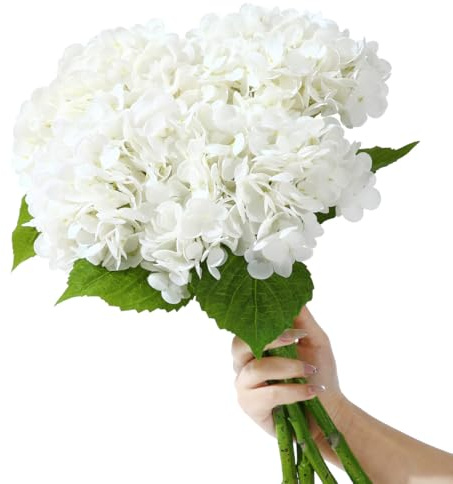Wenhuidr 4Pcs 20in White Hydrangea Artificial Flowers Latex Realistic Touch Fake Hydrangeas Bouquet Large Faux Flower for Home Table Centerpieces Wedding Garden Party Halloween Decoration