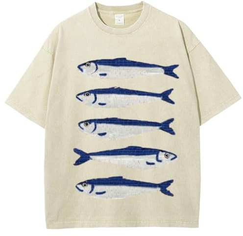 TYATVS Women Oversized Graphic Tee Fisherman Core Aesthetic Y2k Grunge Fish Print T-Shirts Streetwear Summer 2025 (Beige,Medium)