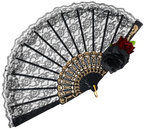 Grevosea Black Lace Rose Folding Fan, Vintage Spanish Style Handheld Fan for Women Cosplay Costume Photo Props Party Performance Dance Decorations Gift