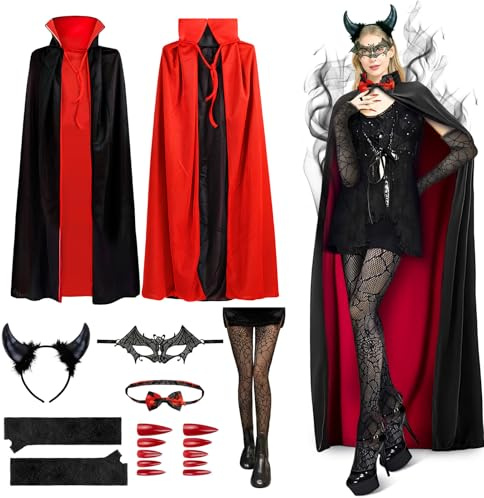 Miioto Déguisement d'Halloween pour femme vampire avec cape de vampire, cornes diable, patch dentelle sur les yeux, gants en dentelle, 17 pièces