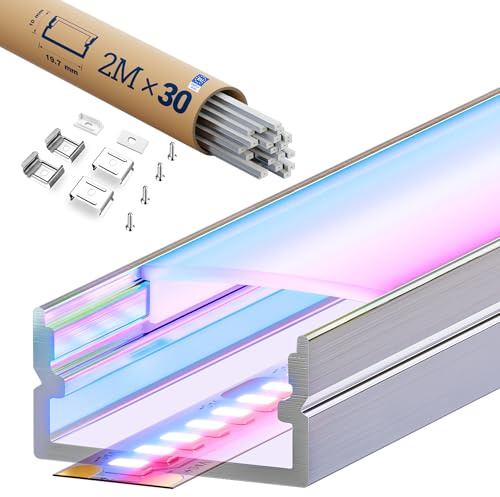 LED Aluminium Profil 2m x 30 für Led-Streifen bis 17mm, U‑Form LED Profil mit milchigem PC-Diffusor, Endkappen und Metallclips, ideal für indirekte Beleuchtung an Decken, Trockenbau, Gipskartonwänden