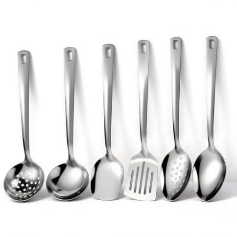 Lot de 6 ustensiles de cuisine en acier inoxydable - Cuillères de cuisine | Home Essentials Ensemble d'outils de cuisine avec louche, écumoire, spatule, etc