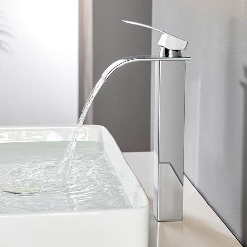 CECIPA Grifo de baño alto, grifo de lavabo cascada, grifo de baño de acero inoxidable, grifos de lavabo con agua fría y caliente, grifo monomando, altura de salida de agua 245 mm, cromo | Grifos de lavabo con agua fría y caliente, monomando, altura de salida de agua 245 mm, cromo