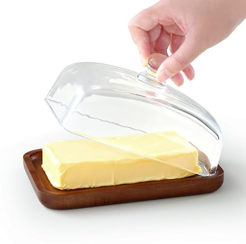 Goldeluxe Burriera Con Manico, Base In Legno Di Acacia E Coperchio In Vetro, Elegante Contenitore Per Burro Da Cucina, Tavolo O Frigorifero, Porta Burro Igienico In Legno E Vetro