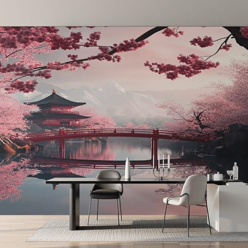Générique Papier Peint Intissé Japonais, Papier Peint Panoramique Fleurs de Cerisier Torri Oriental pour Salon Chambre Bureau Couloir, Décoration Murale, 366 x 254 cm (L x H)