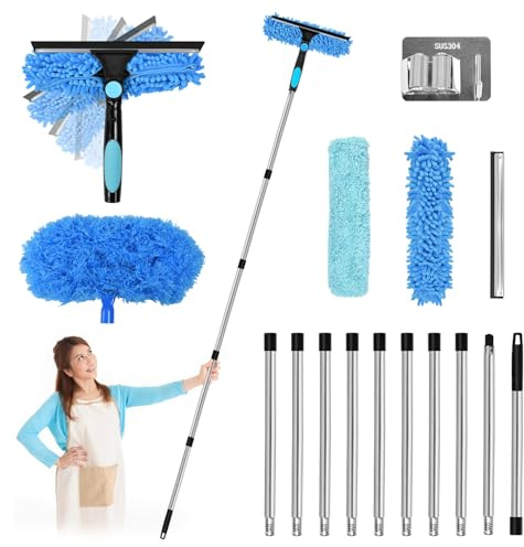 Vurixfo 3.9M Window Cleaning Equipment with Long Handle, 2 in 1 Window Cleaning Kit 180° Rotatable Telescopic Windows Cleaner with Squeegee, Microfiber Cloth and Hook for Indoor Outdoor High Glass