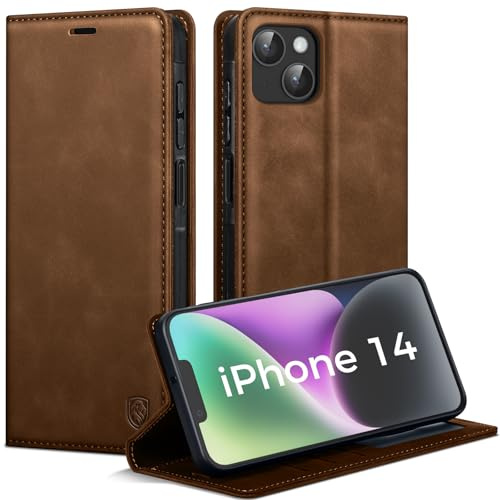 AIMOYU Handyhülle für iPhone 14 Hülle, Premium PU Leder Klapphülle Schutzhülle, Tasche Magnet Kartenfach Standfunktion Flip Case Hülle für iPhone 14, Braun