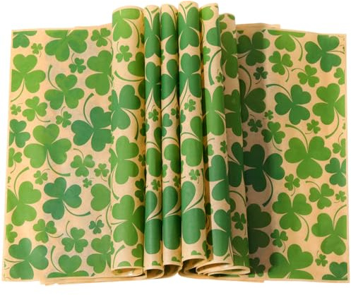Honeydak 150 Pcs St. Patrick's Day Wax Paper Sheets Shamrock Clover Deli Tissue Paper Green Sandwich Wrapping Sheets Grease Resistant Fast Food Liners for BBQ Kitchen Party Supplies(Classic Style)