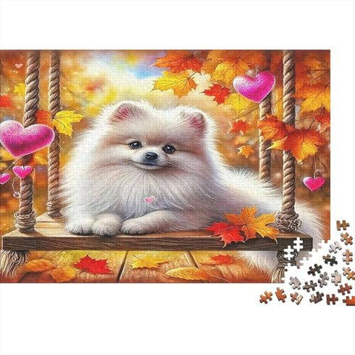Pomeranian 1000 Pieces Jigsaw Puzzles for Adults Fluffy White Dog on Autumn Windowsill Fun Present & Wall Decoration | Gift Idea 52x38cm/1000pcs