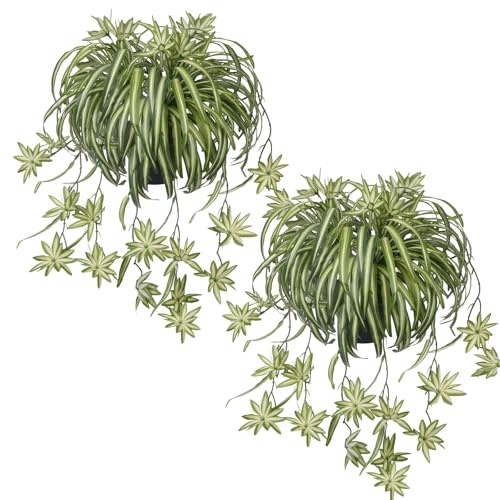 2PCS Artificial Spider Plants in Pots Indoor 50cm Faux Spider Plants Indoor | Fake Hanging Plants Faux House Plant Silk Chlorophytum Comosum for Outdoors Home Office Garden Decorations