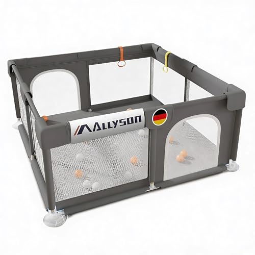 Allyson® Laufstall Baby mit Matte 150x180 cm, Großes Faltbares Laufgitter & Playpen sicher & stabil, Kleinkinder Kinderlaufstall Indoor & Outdoor, Spielgitter Zaun, tragbarer klappbar - Dunkelgrau