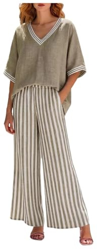 Completo Lino Donna Due Pezzi Elastico In Vita Mezza Manica Set di Due Pezzi Tuta Tinta Unita Blusa Pantaloni Gamba Larga con Tasche Completi Comodo Morbido Camicia Scollo a V Eleganti Taglie Forti