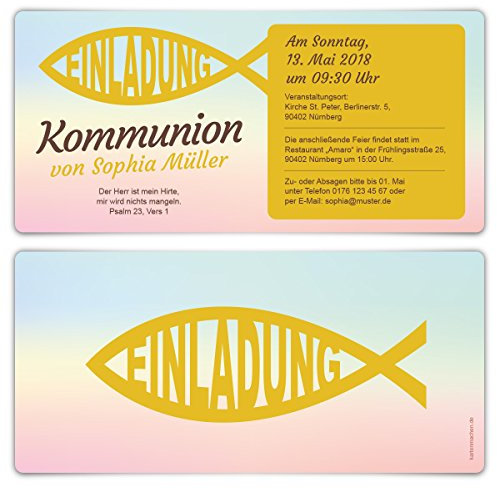 100 x Kommunion Einladungskarten Kommunionseinladungen Kommunionskarten - Bunter Jesus Fisch