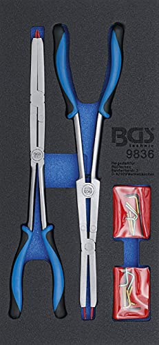 BGS 9836 | Werkstattwageneinlage 1/3 | Doppelgelenk-Sprengringzangen-Satz | Auswechselbare Spitzen | Länge 345 mm | Außensicherungen Ø 12 - 30 mm | Innensicherungen Ø 8 - 30 mm | 2 Zangen, 16 Spitzen
