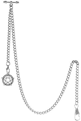 TREEWETO Men's Double Albert Chain Pocket Watch Curb Link Key Chain 2 Hooks with Antique Five-Pointed Star Pendant Design Charm Fob T Bar, Silver