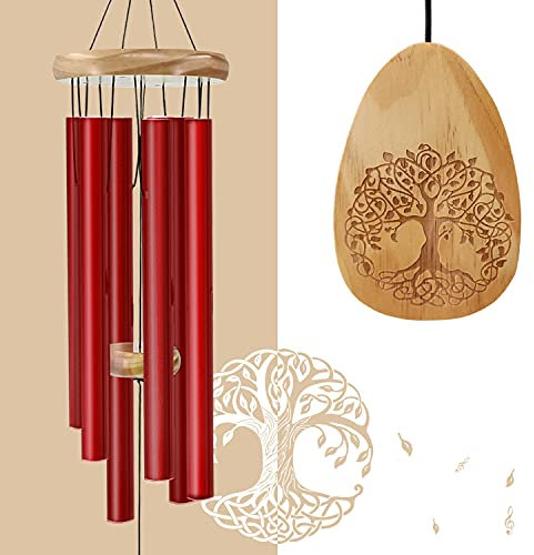 Astarin Windchimes Outdoors With Engraved Lifetree, 30 Inch Memorial for Outside, Sympathy for Loved One, Mother - Red